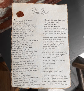 "Hear Me" Handwritten Lyric Page on vintage cotton paper